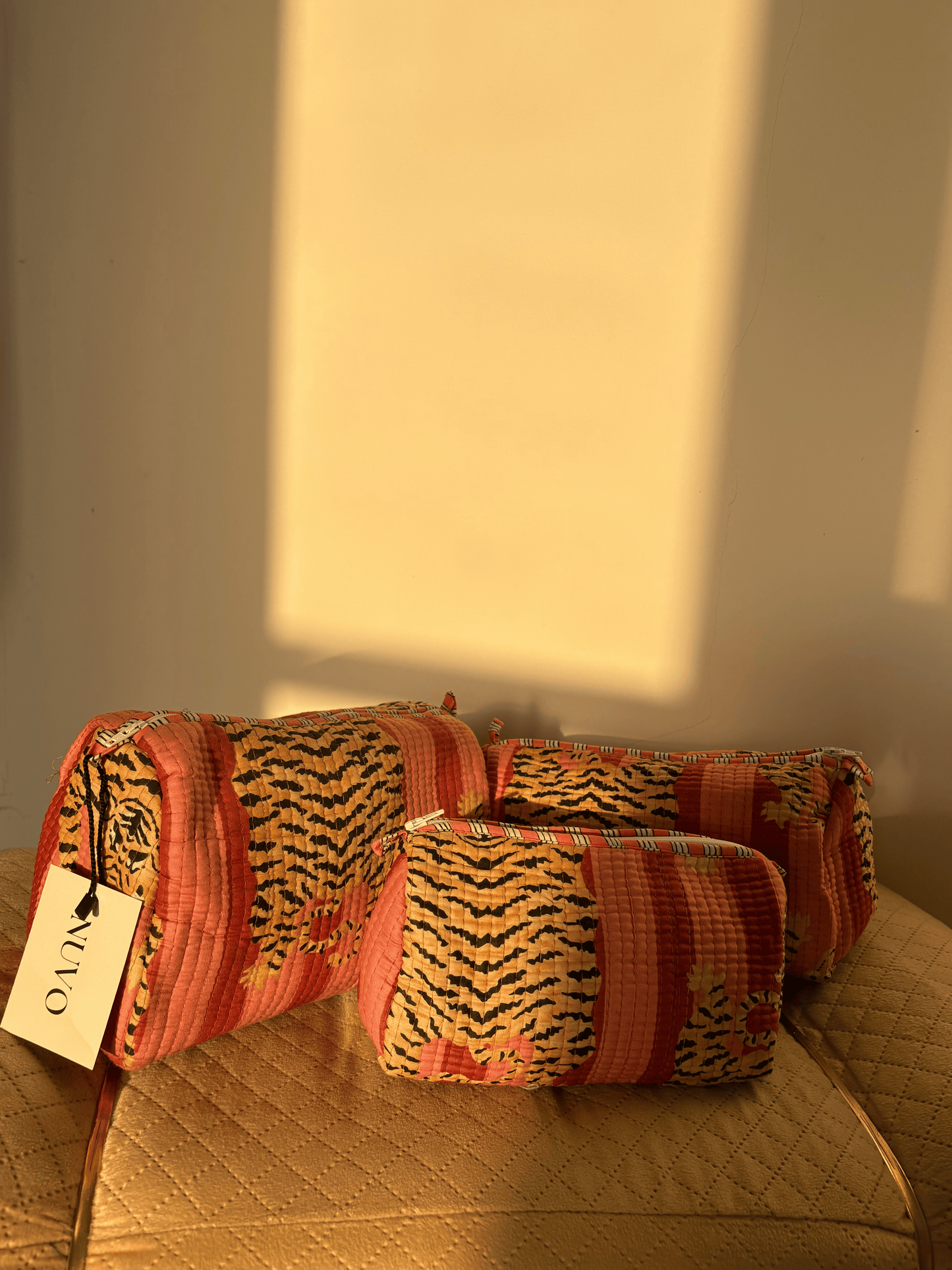 Pink & Brown Tiger Quilted Toiletry Pouch Set