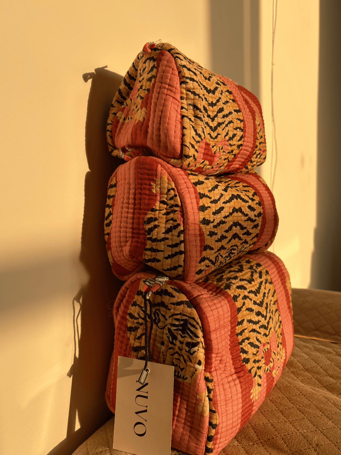Pink & Brown Tiger Quilted Toiletry Pouch Set