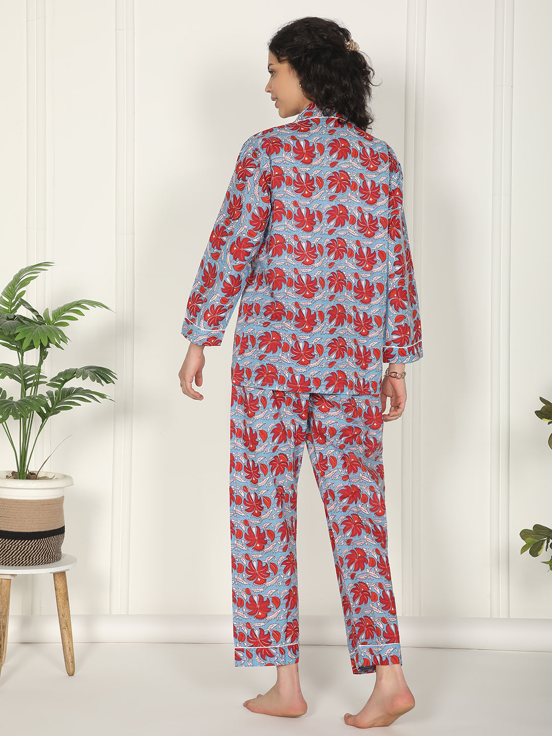 Red bloom cotton block printed loungewear set