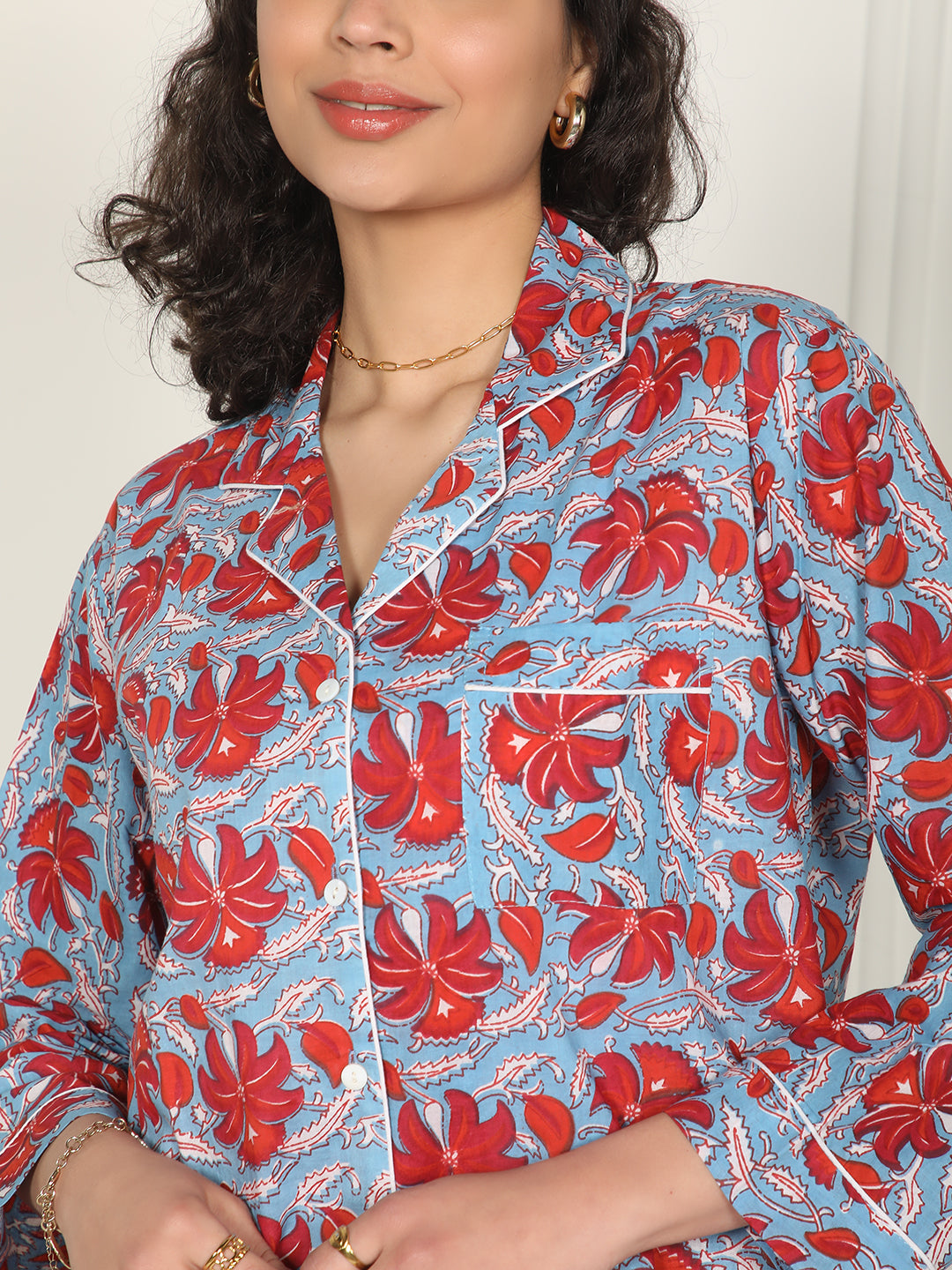 Red bloom cotton block printed loungewear set