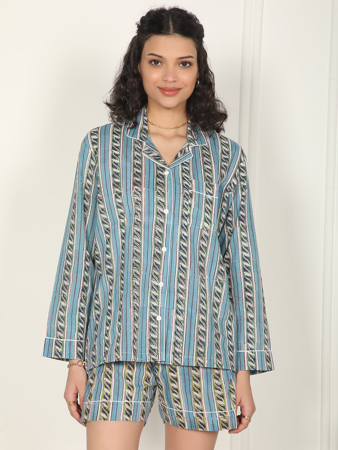Botanic stripes set- Blue & green hand block printed cotton loungewear set