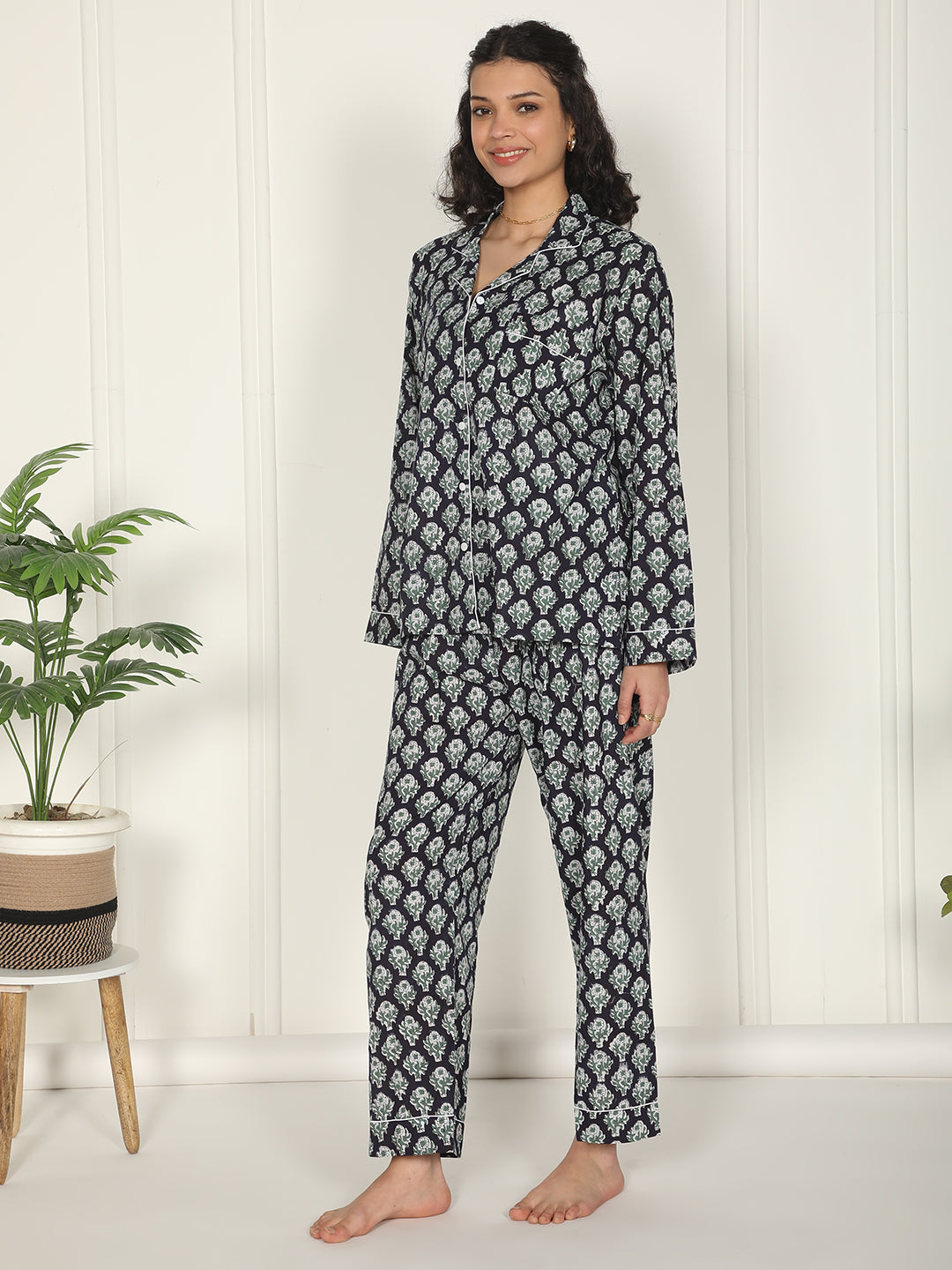 Black & white floral loungewear block printed cotton set