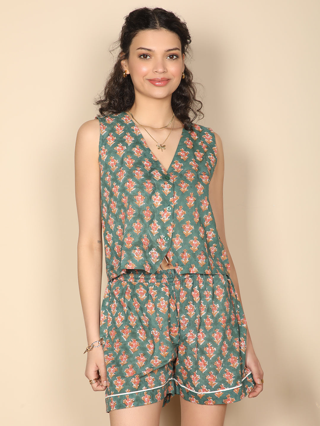 Vintage autumn bloom set: Green & rust Cotton vest & shorts set