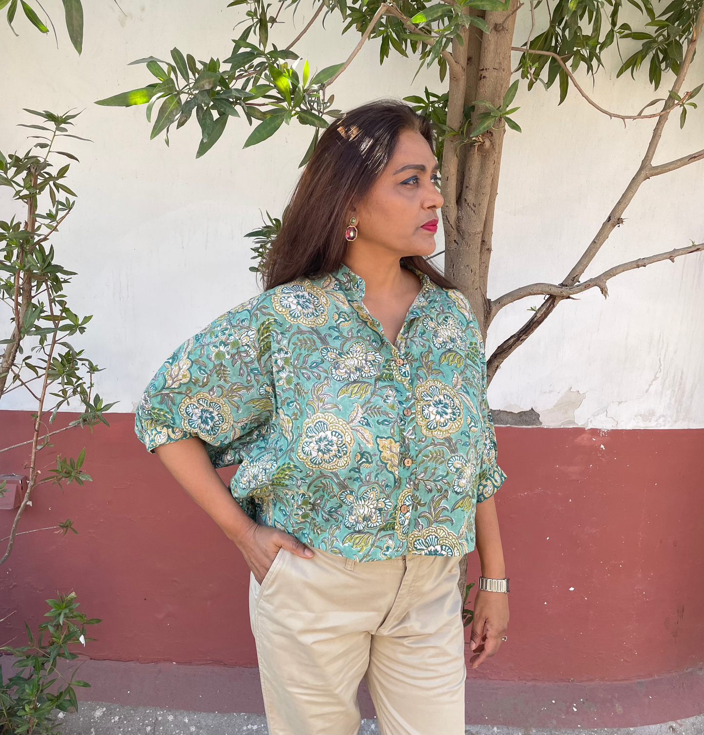 Sea Green block-printed mulmul cotton shirt with baloon sleeves