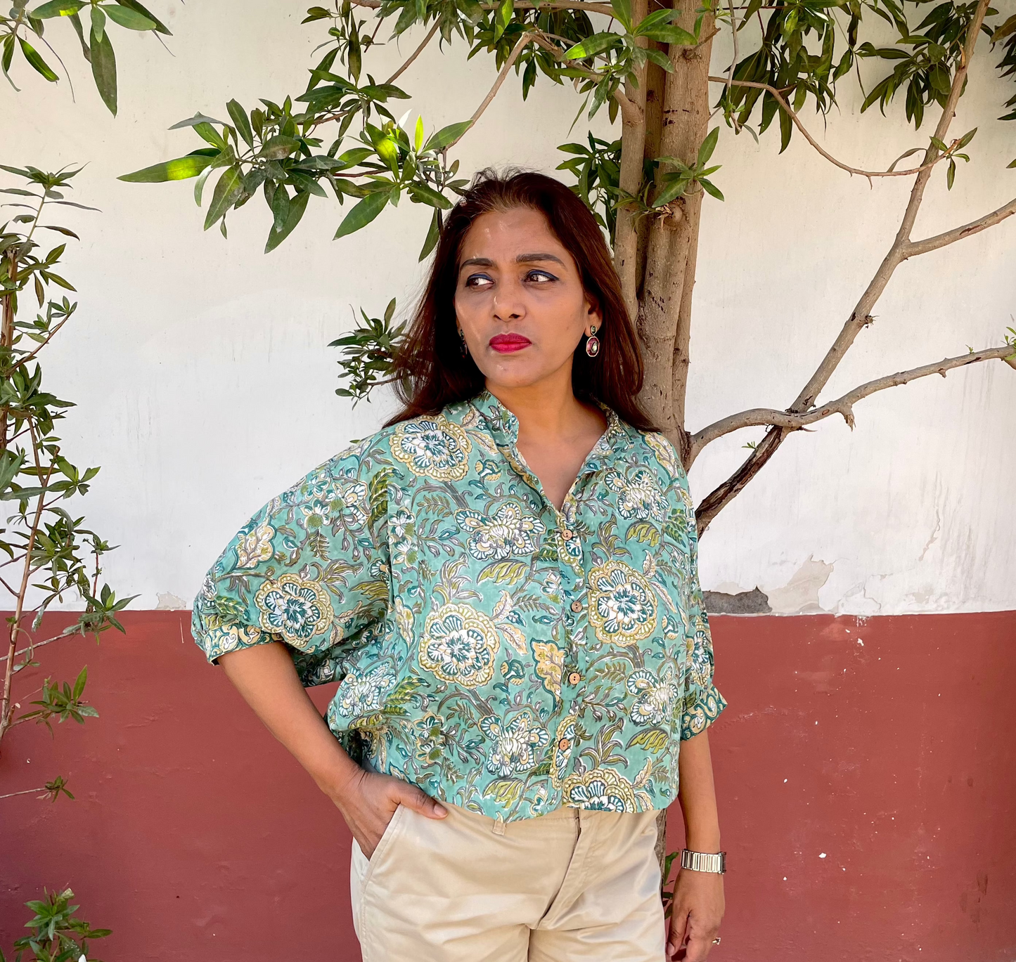 Sea Green block-printed mulmul cotton shirt with baloon sleeves