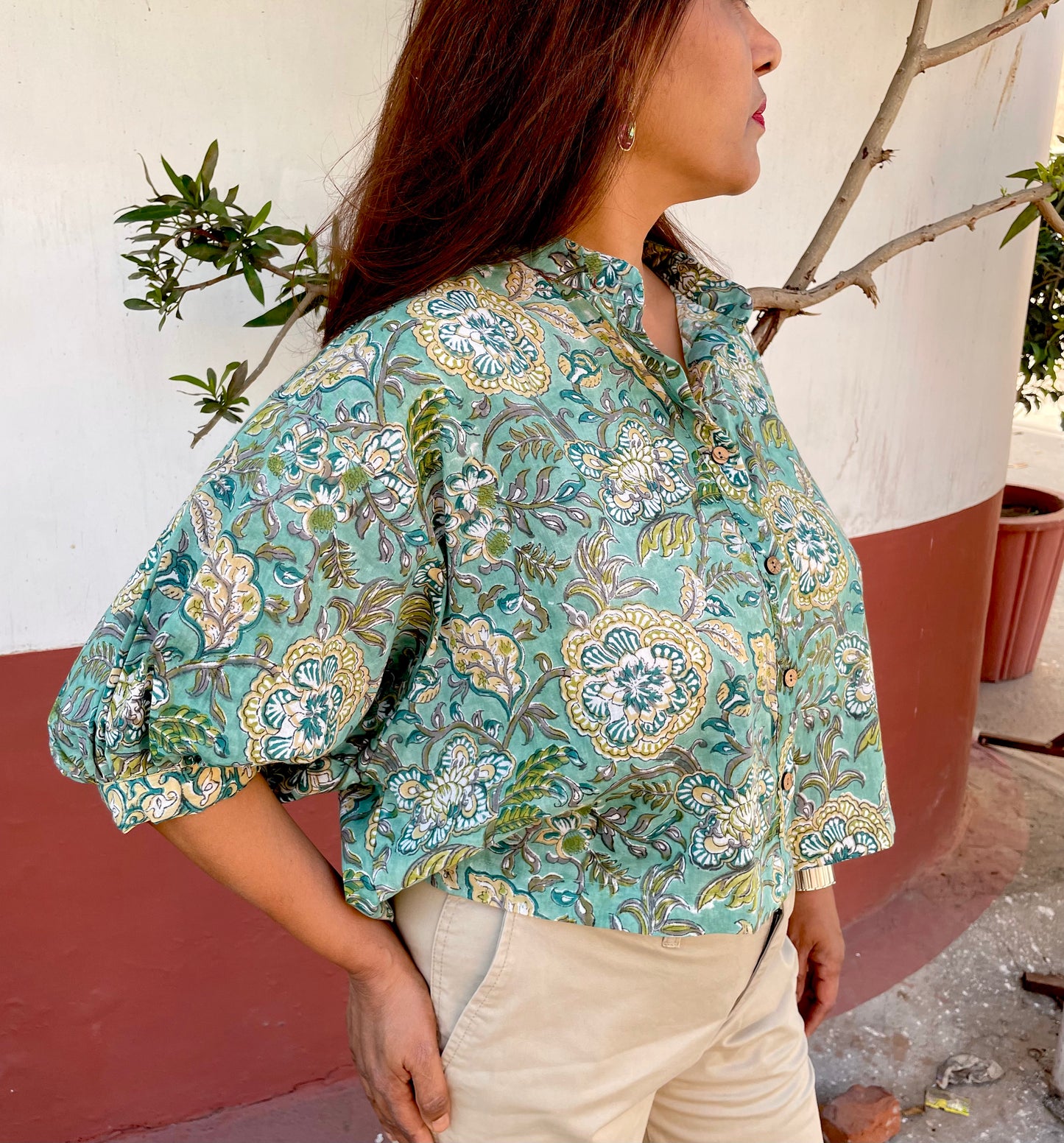 Sea Green block-printed mulmul cotton shirt with baloon sleeves