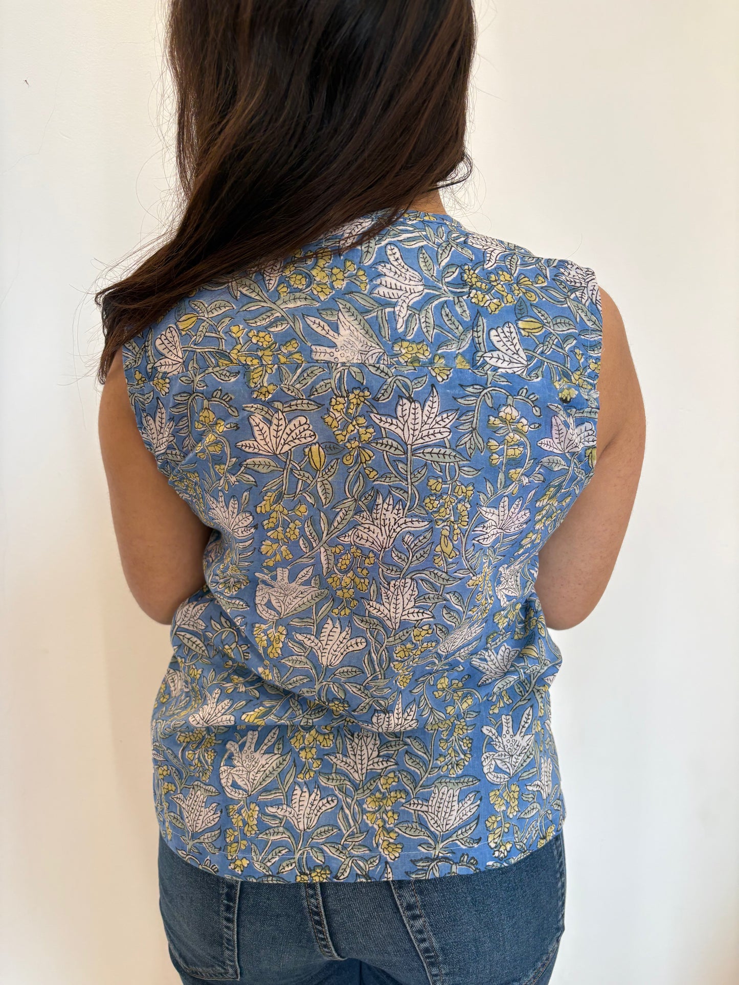 Golden hour floral blue pintucks top-Hand Block Printed mulmul