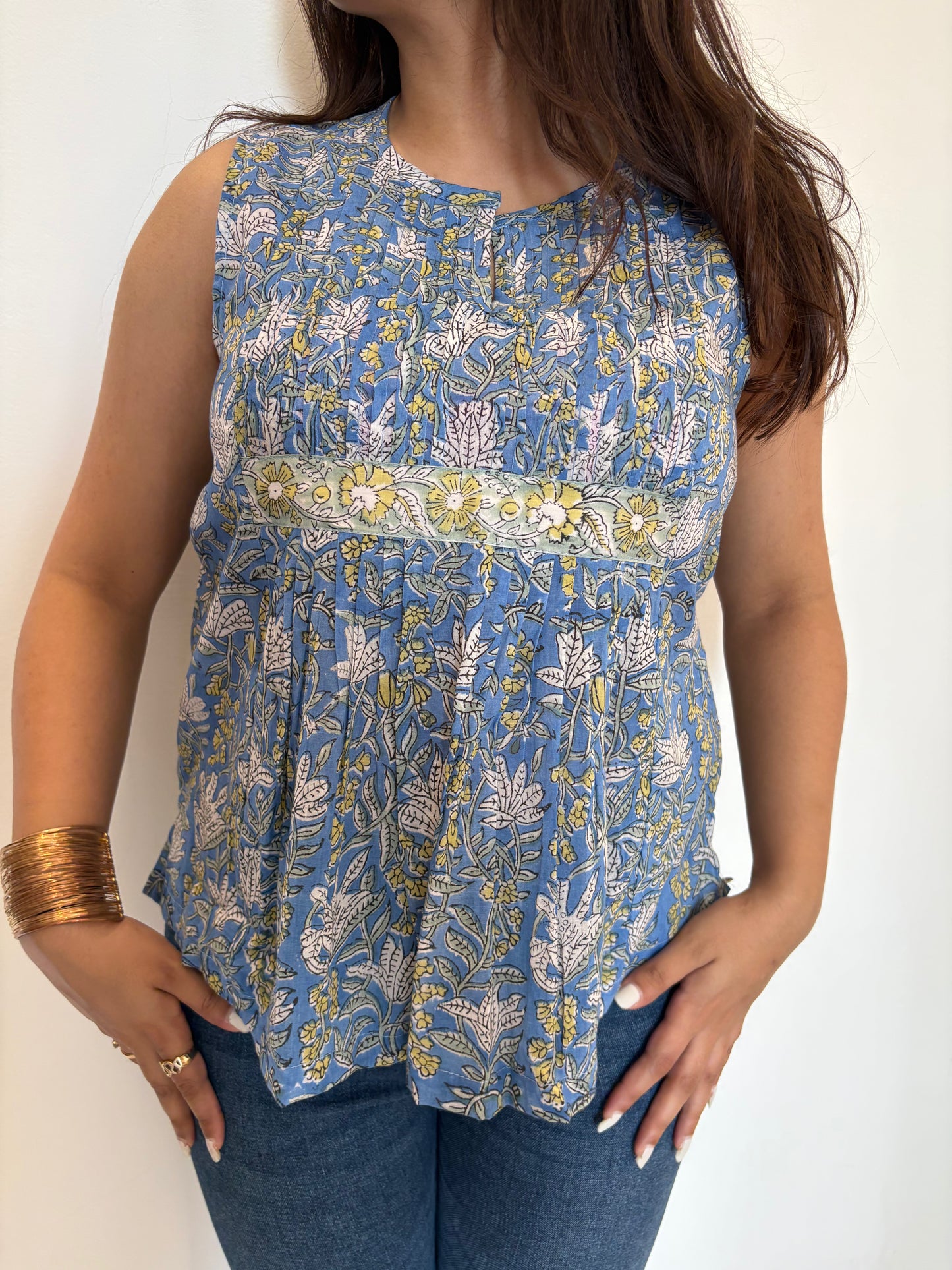 Golden hour floral blue pintucks top-Hand Block Printed mulmul
