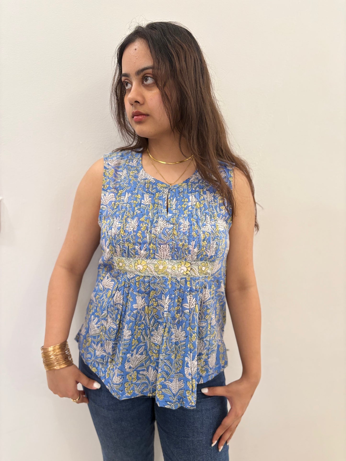 Golden hour floral blue pintucks top-Hand Block Printed mulmul