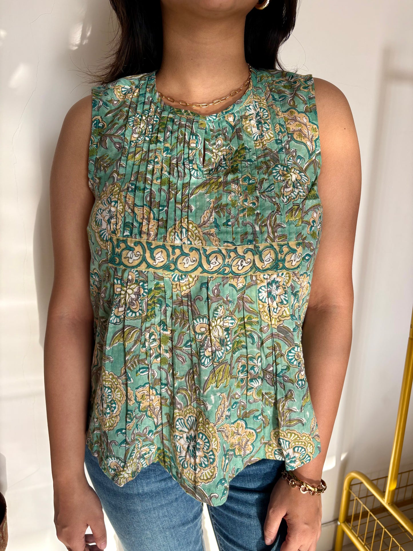 Timeless Green pintucks top-Hand Block Printed mulmul