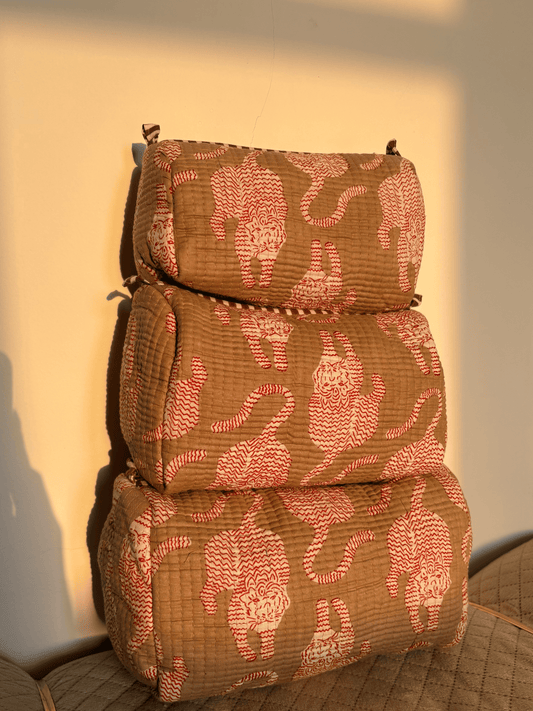 Beige & Pink Tiger Quilted Toiletry Pouch Set