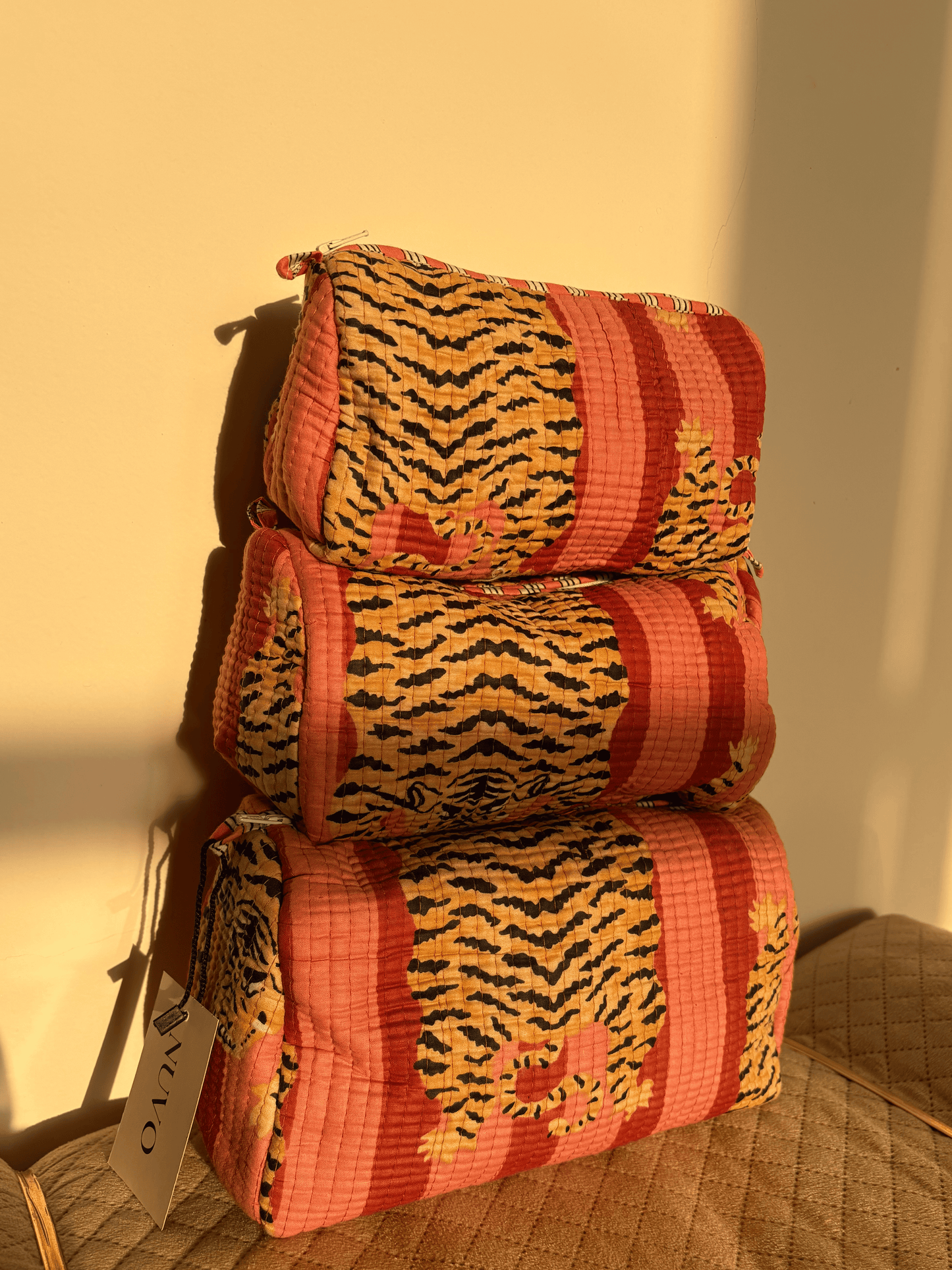 Pink & Brown Tiger Quilted Toiletry Pouch Set