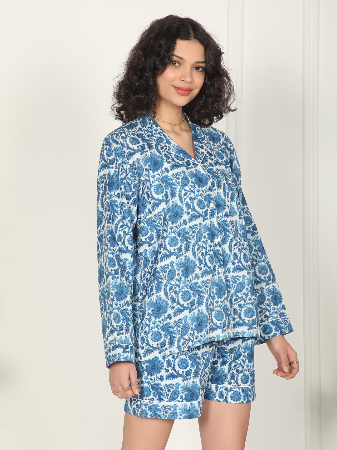 Indigo Bloom set : Blue floral printed cotton loungewear set