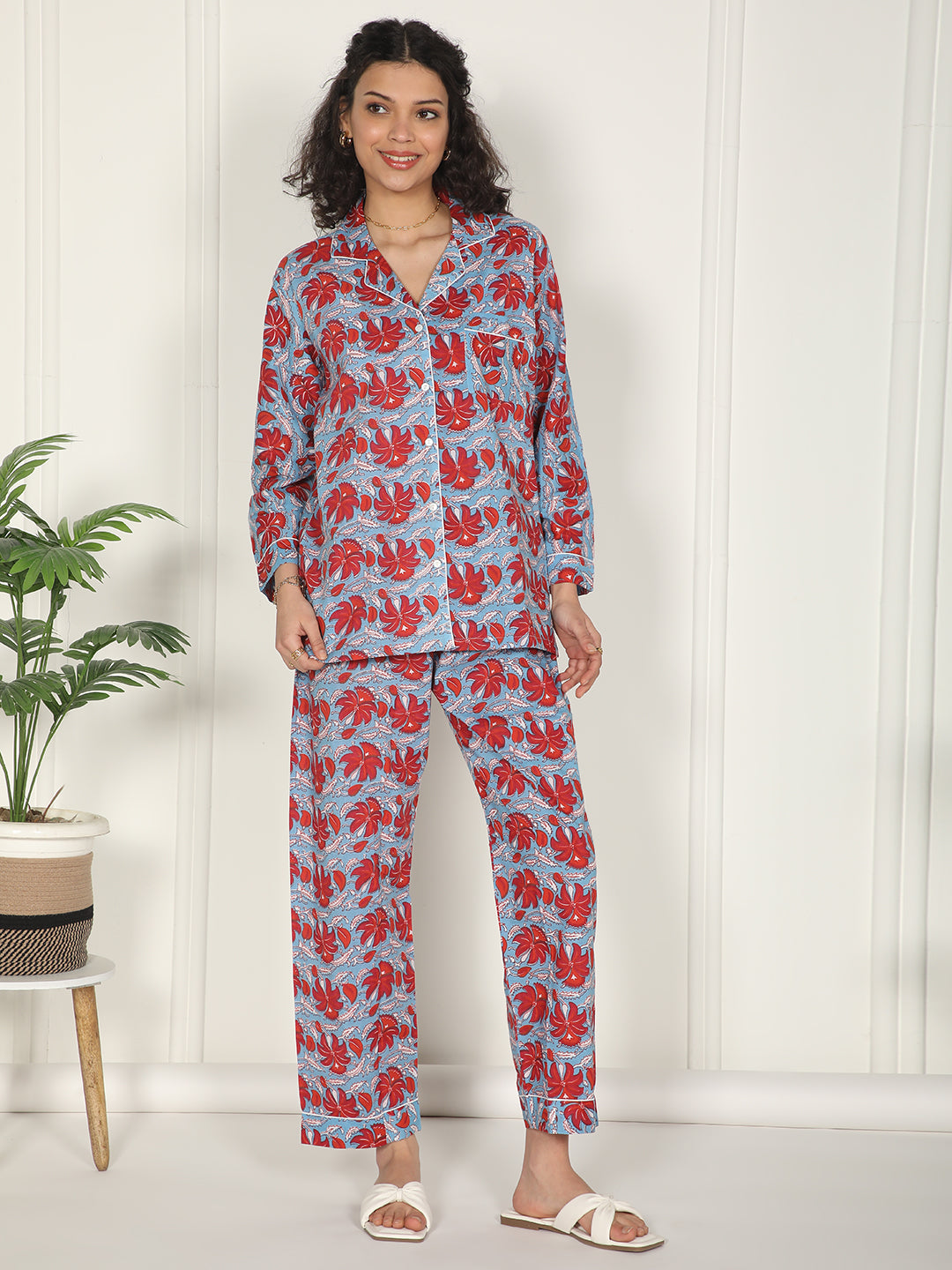 Red bloom cotton block printed loungewear set