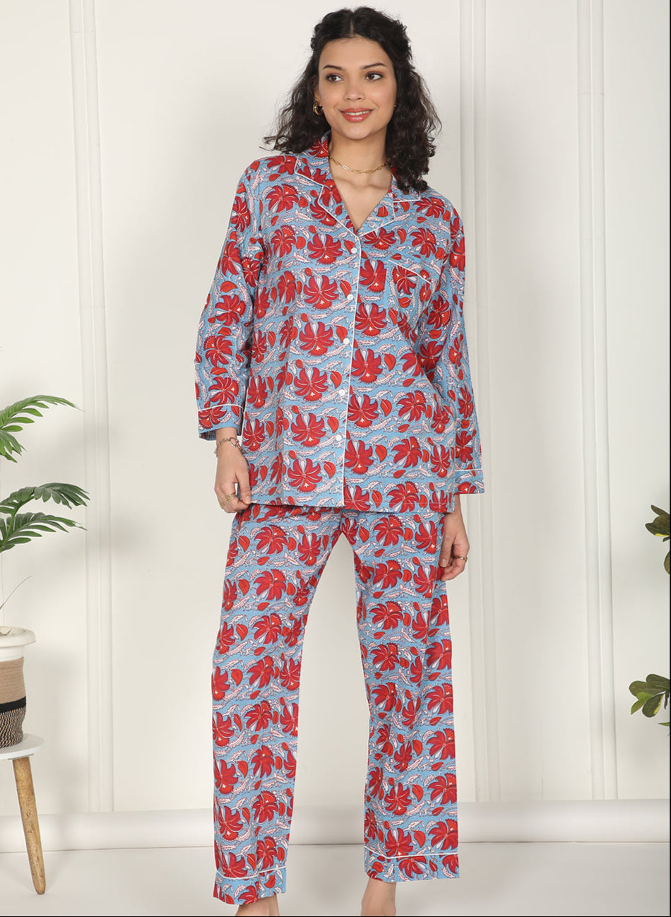 Red bloom cotton block printed loungewear set