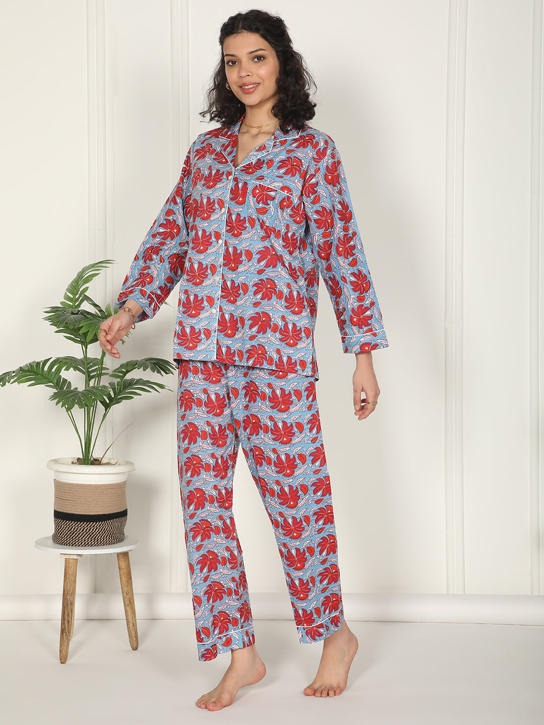 Red bloom cotton block printed loungewear set