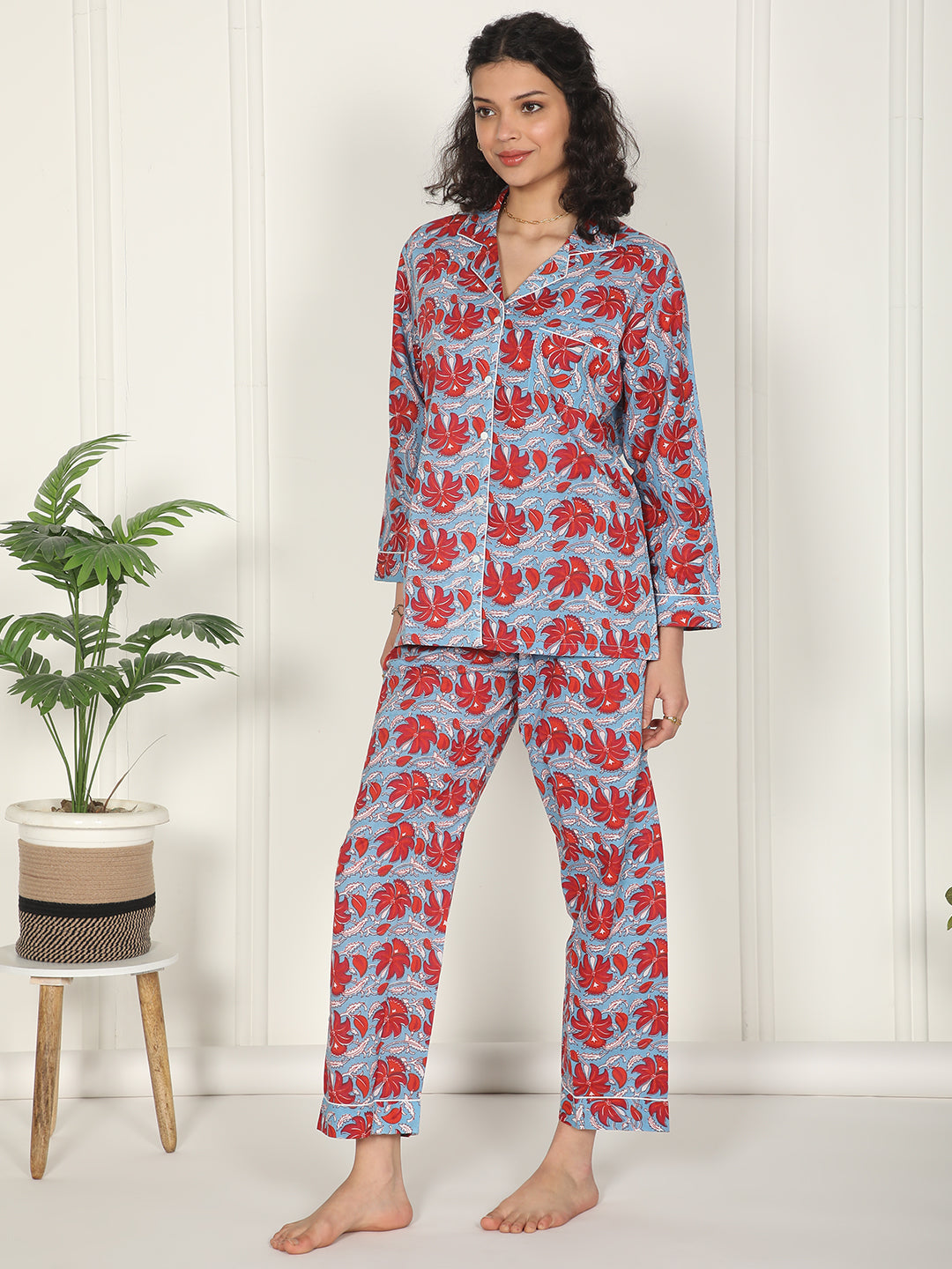 Red bloom cotton block printed loungewear set