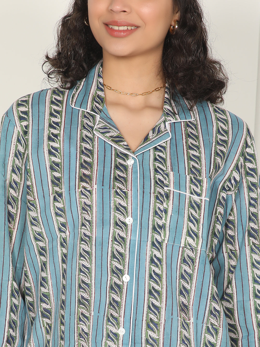 Botanic stripes set- Blue & green hand block printed cotton loungewear set