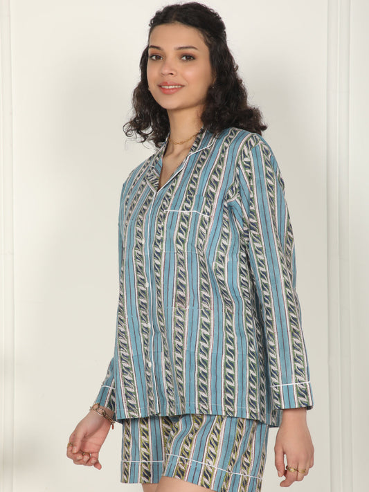 Botanic stripes set- Blue & green hand block printed cotton loungewear set