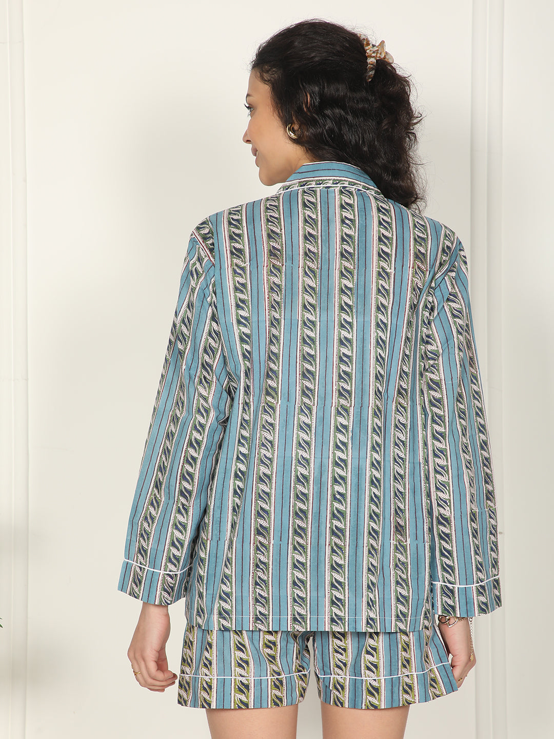 Botanic stripes set- Blue & green hand block printed cotton loungewear set