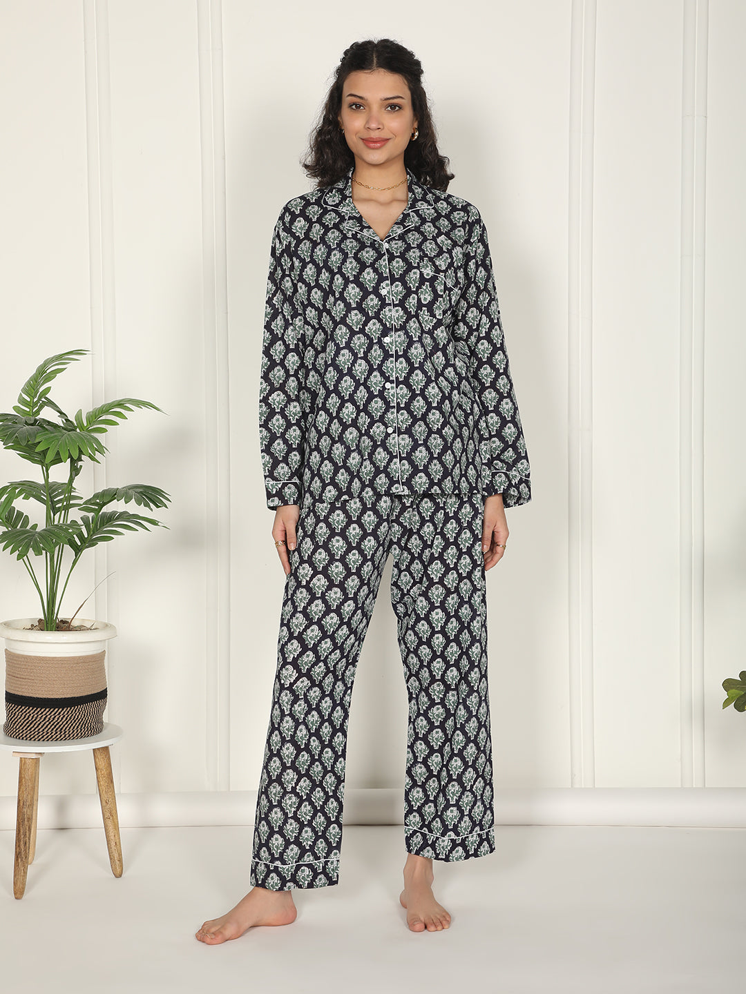 Black & white floral loungewear block printed cotton set