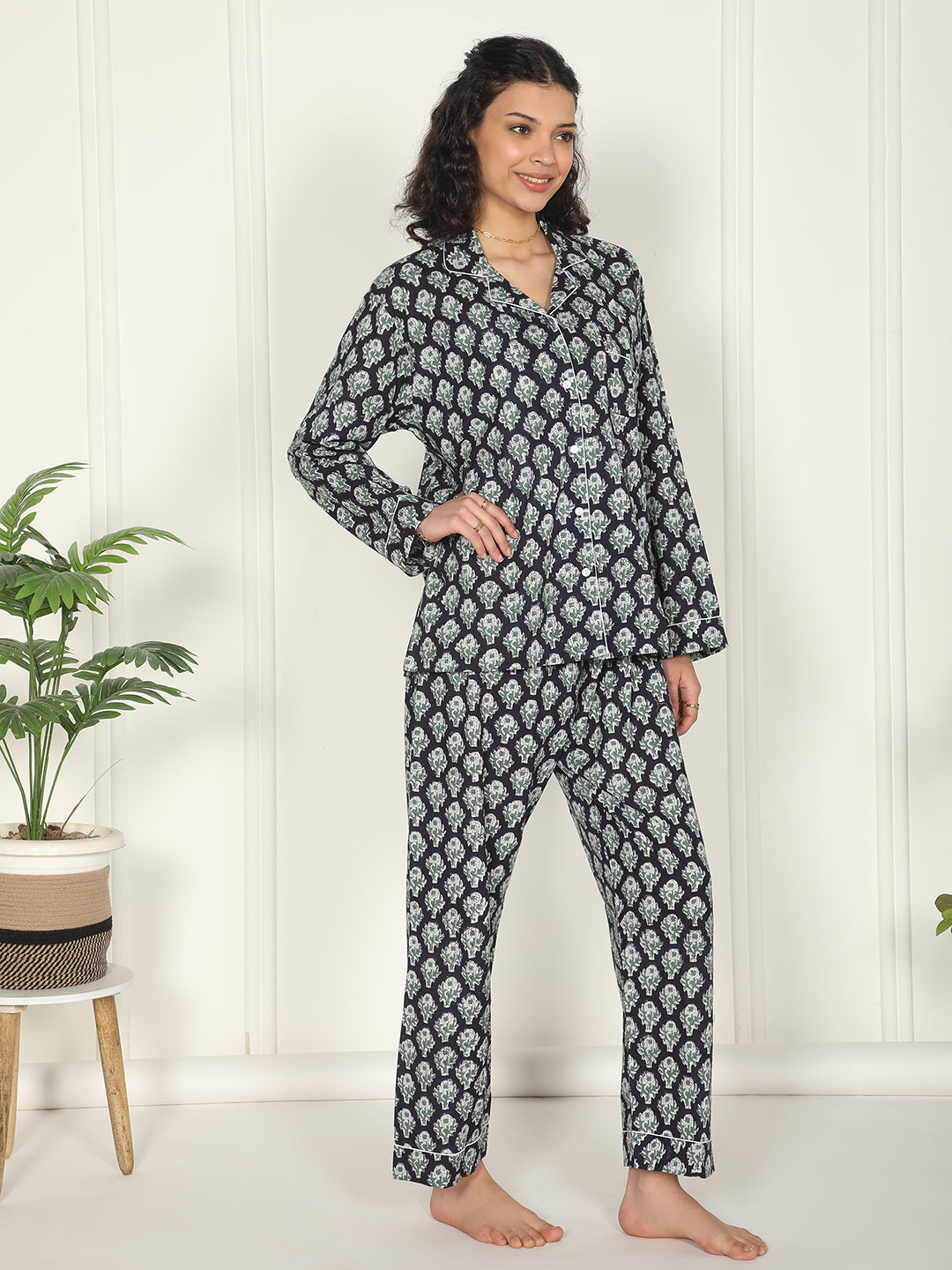 Black & white floral loungewear block printed cotton set
