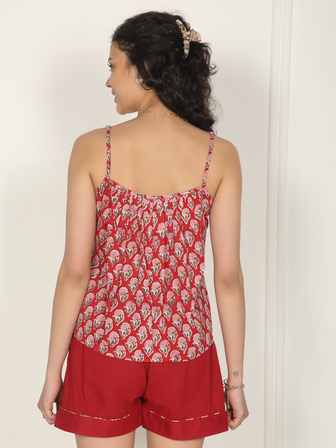 Hand block printed red top & shorts cotton set