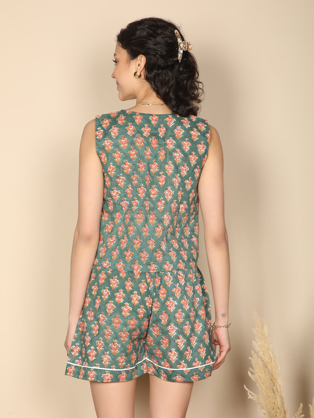 Vintage autumn bloom set: Green & rust Cotton vest & shorts set