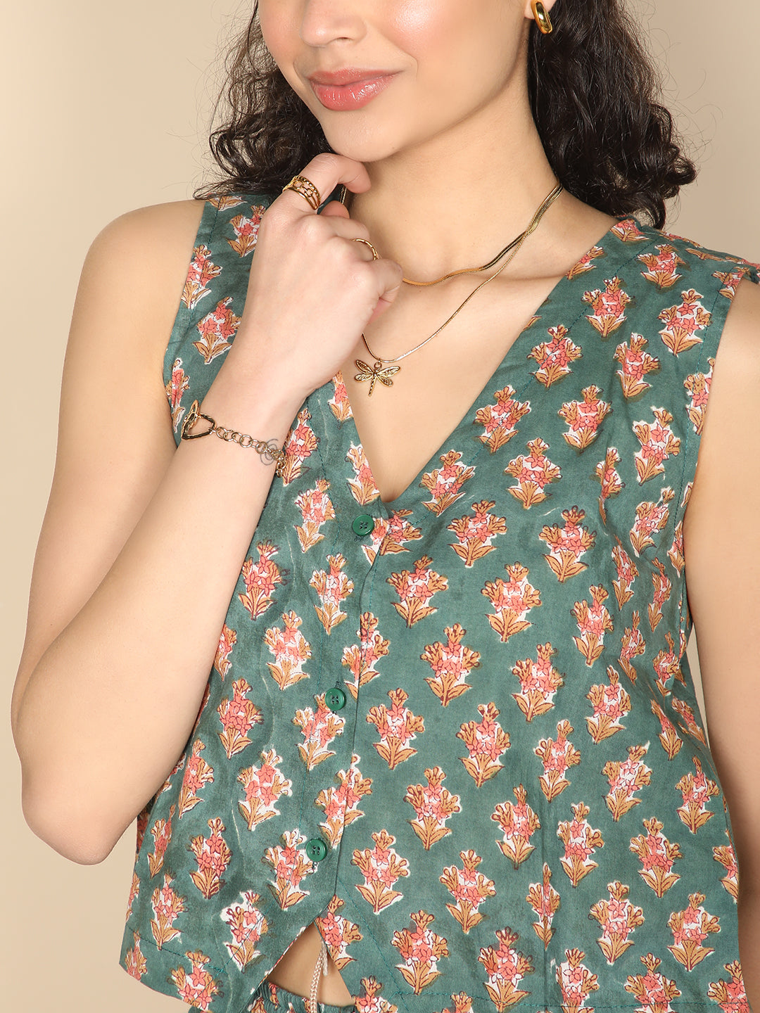 Vintage autumn bloom set: Green & rust Cotton vest & shorts set