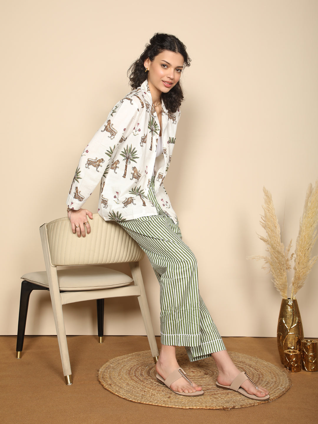 Royal Safari set: Printed tropical palm & stripes cotton loungewear set