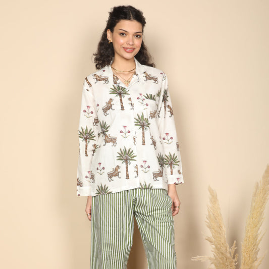 Royal Safari set: Printed tropical palm & stripes cotton loungewear set