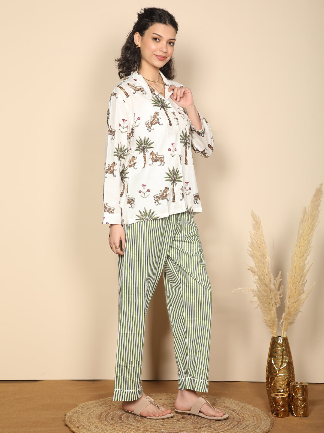 Royal Safari set: Printed tropical palm & stripes cotton loungewear set