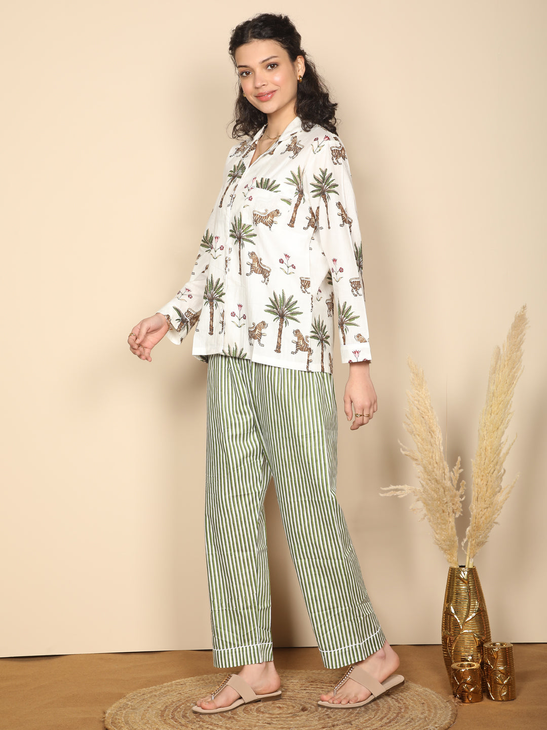 Royal Safari set: Printed tropical palm & stripes cotton loungewear set