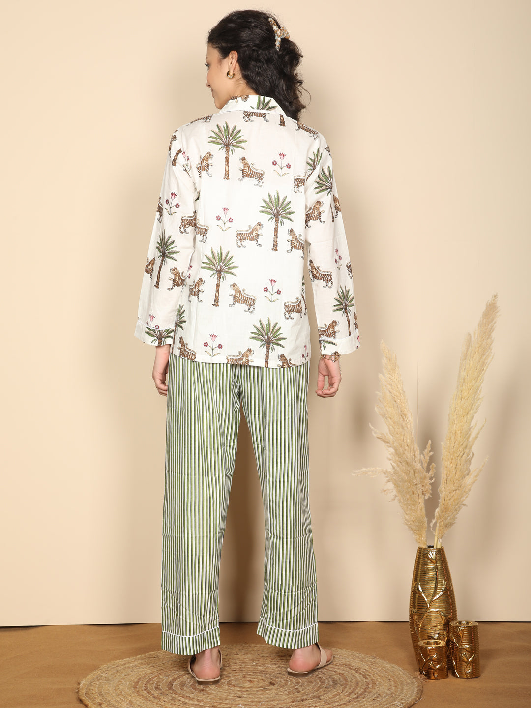 Royal Safari set: Printed tropical palm & stripes cotton loungewear set