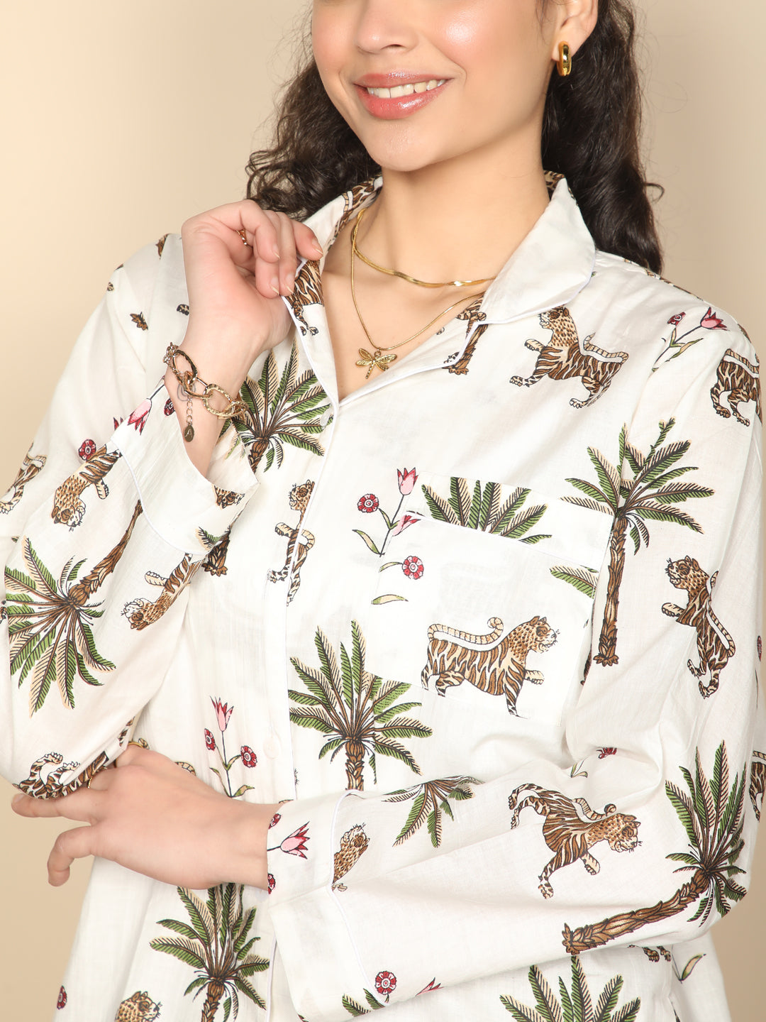 Royal Safari set: Printed tropical palm & stripes cotton loungewear set