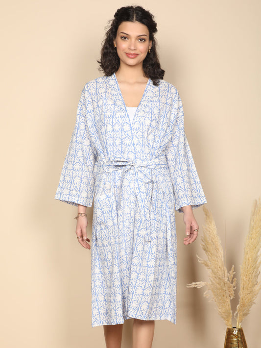 Mughal mosiac robe: Blue & white mughal motif cotton robe