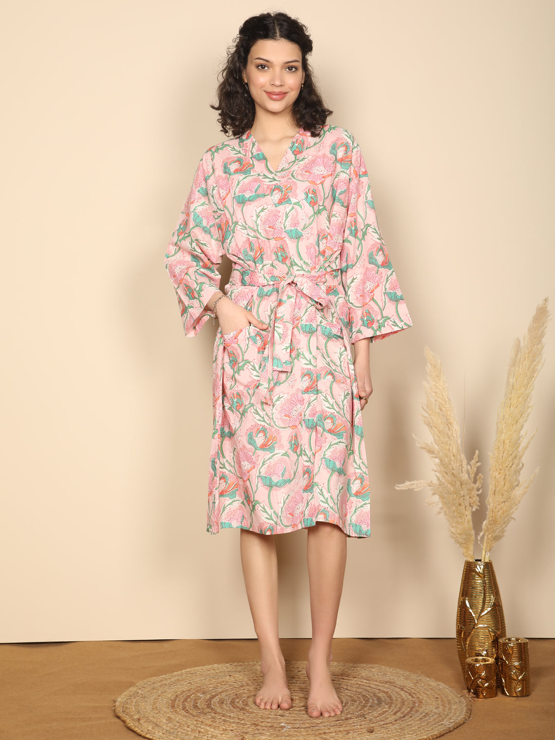 Coral canopy robe: Pink cotton block printed dressing robe