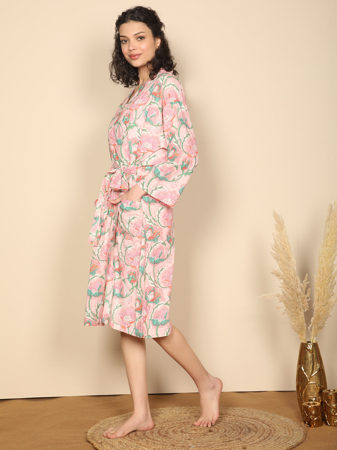 Coral canopy robe: Pink cotton block printed dressing robe