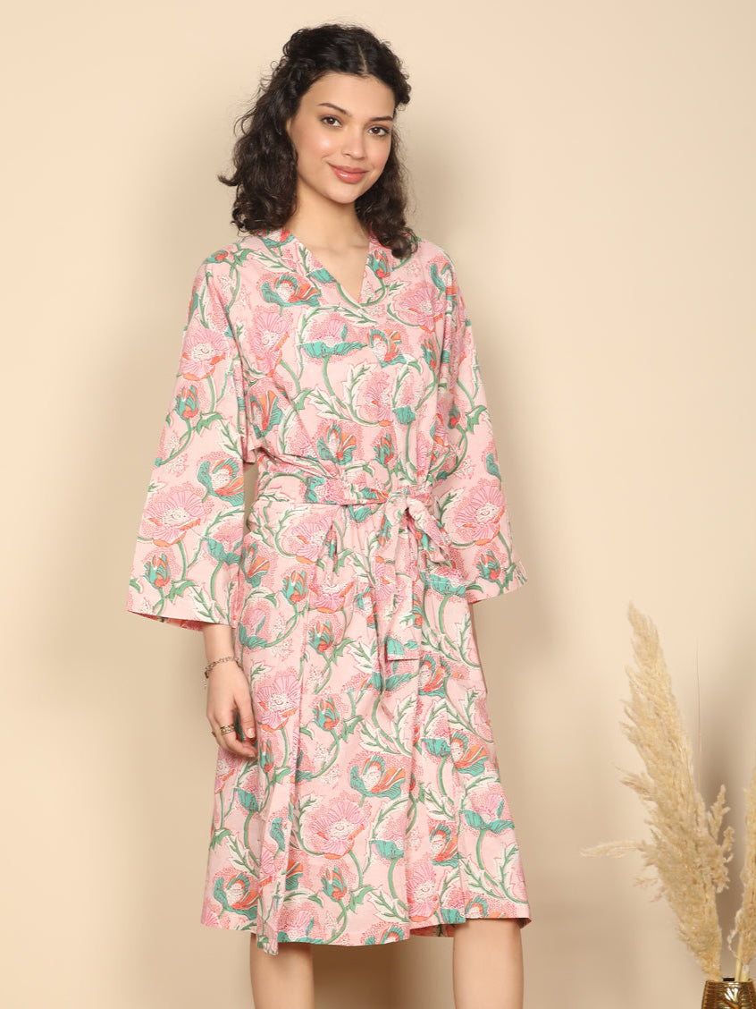 Coral canopy robe: Pink cotton block printed dressing robe