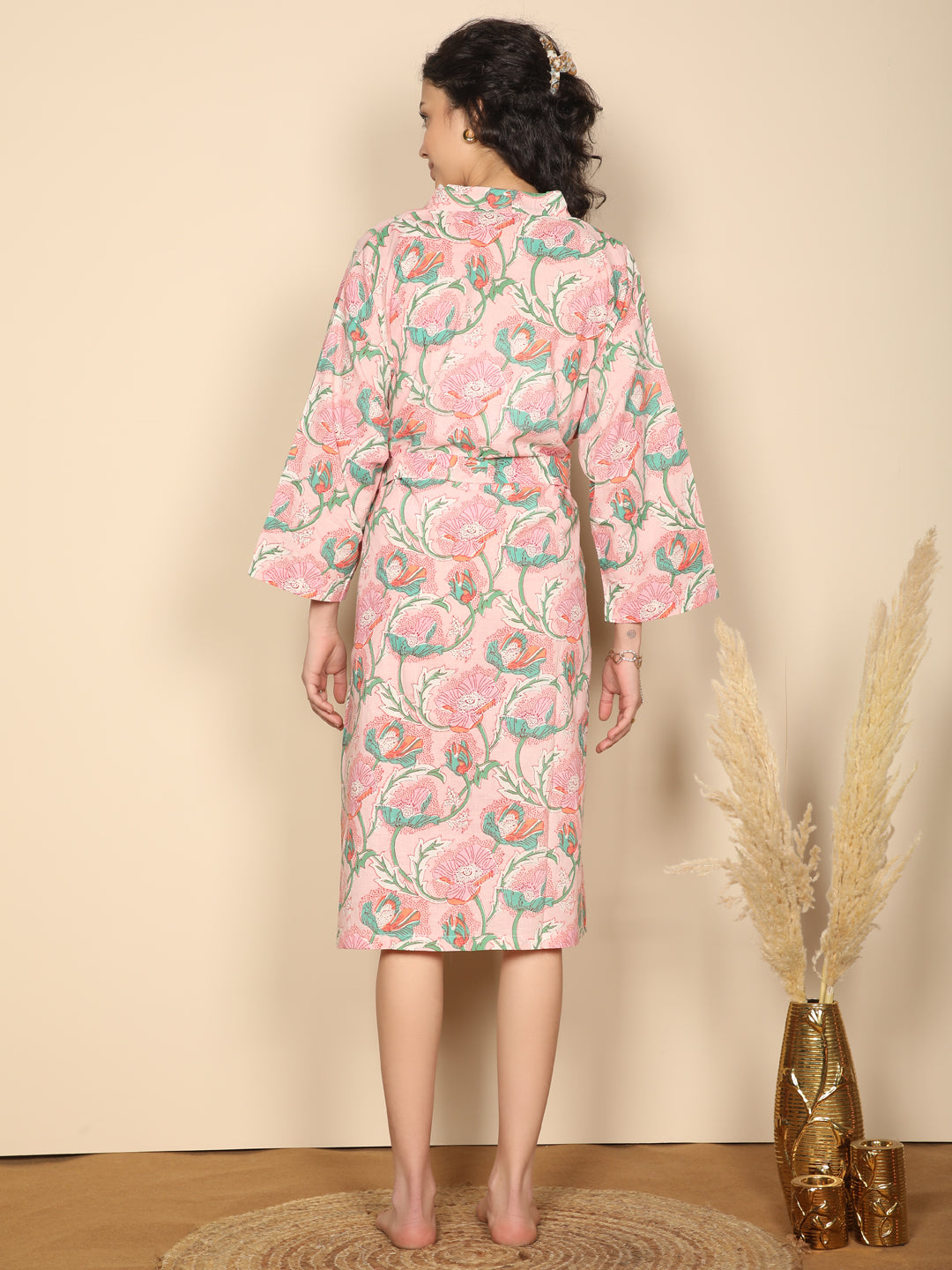 Coral canopy robe: Pink cotton block printed dressing robe