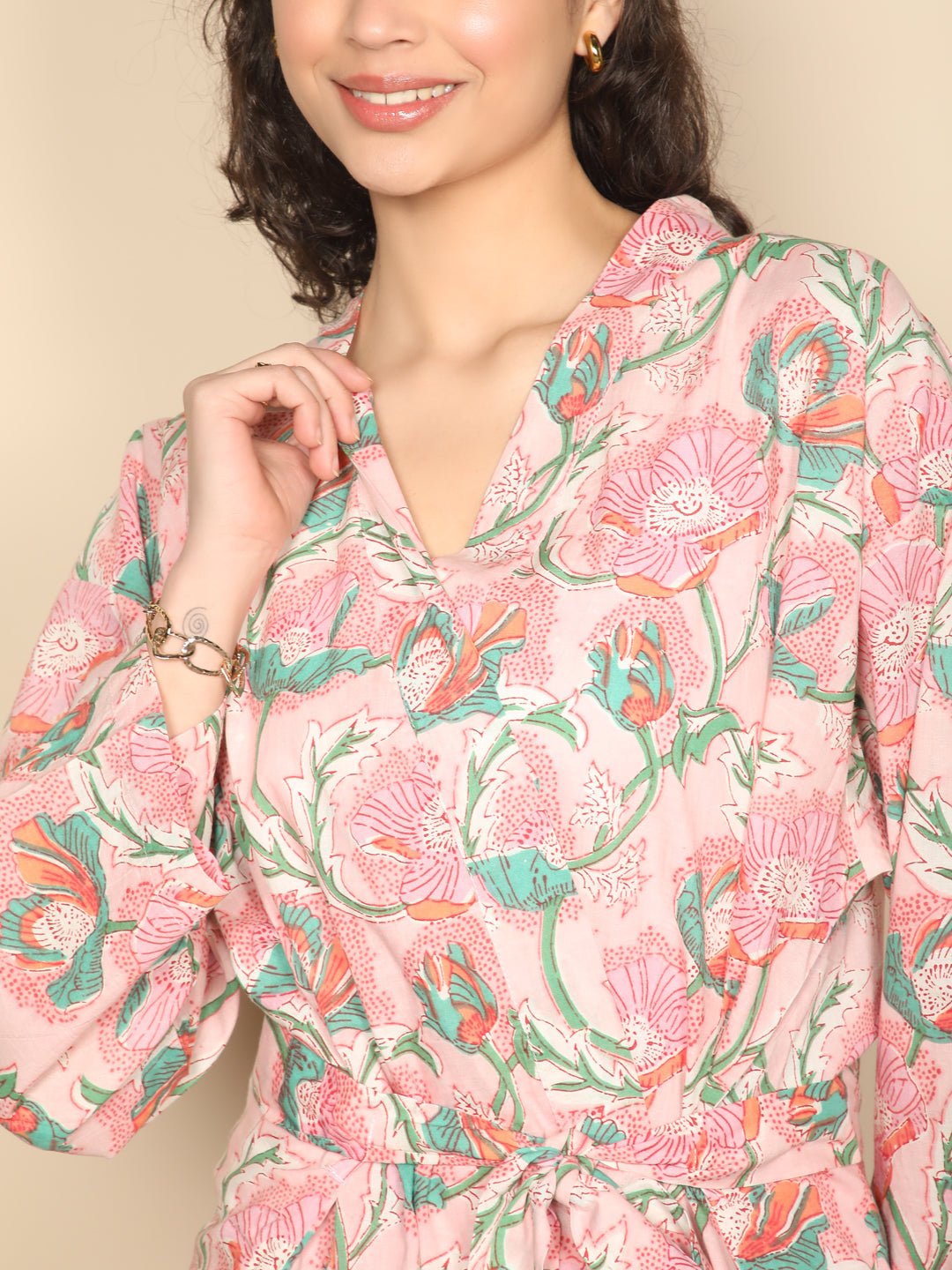 Coral canopy robe: Pink cotton block printed dressing robe