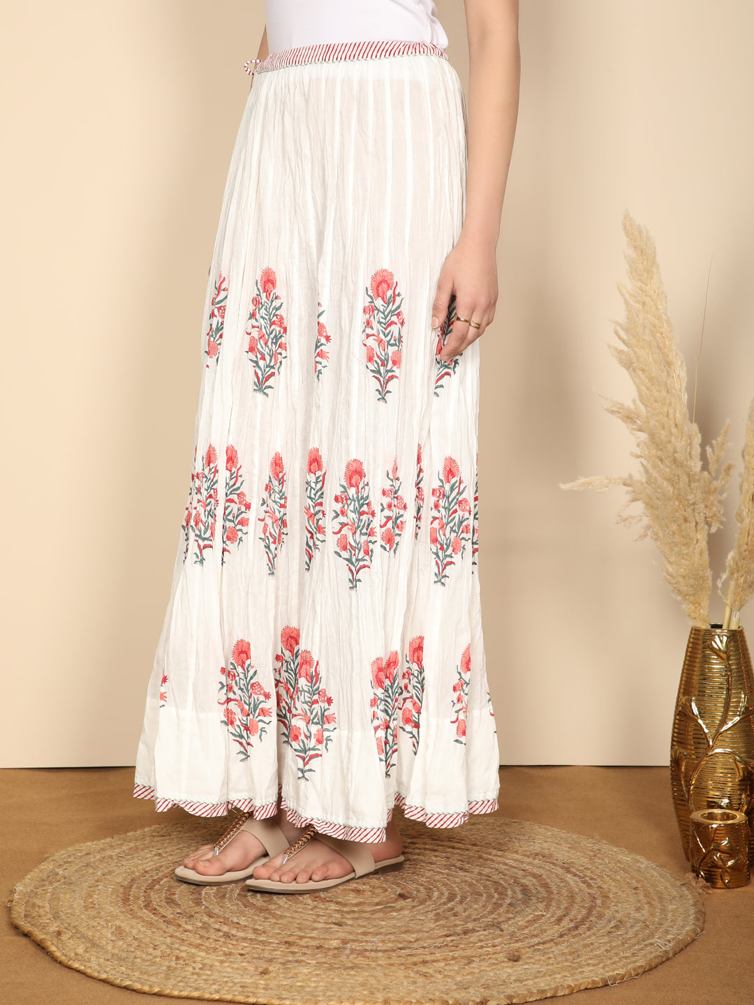 Pink & white Block printed long skirt