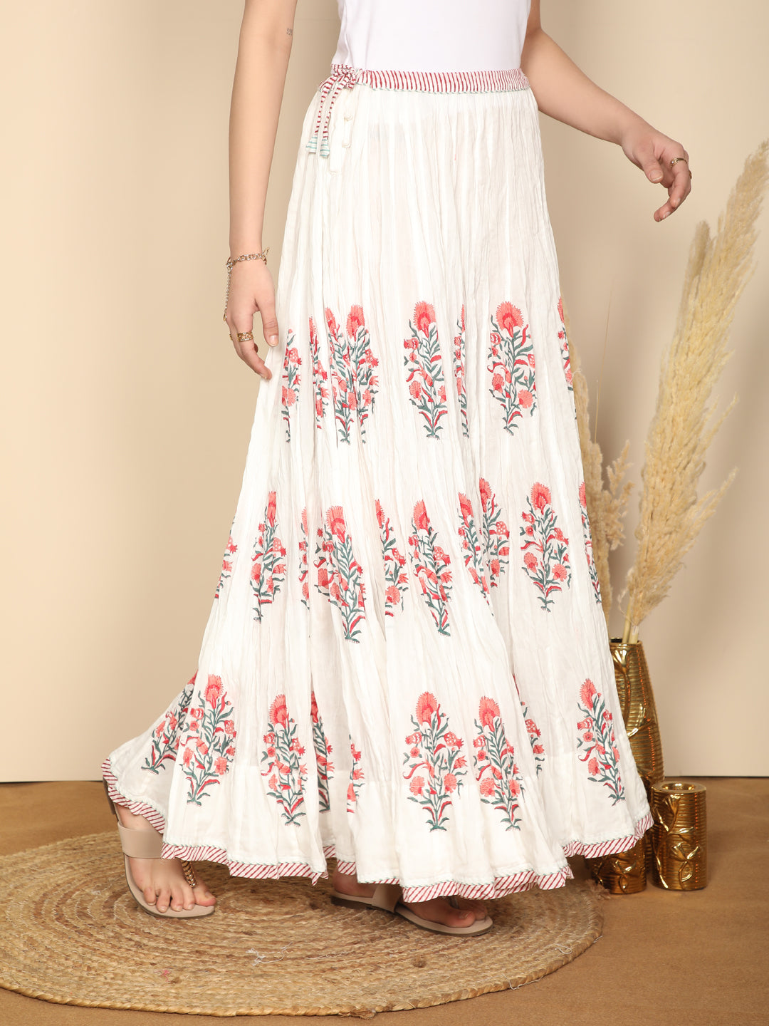 Pink & white Block printed long skirt