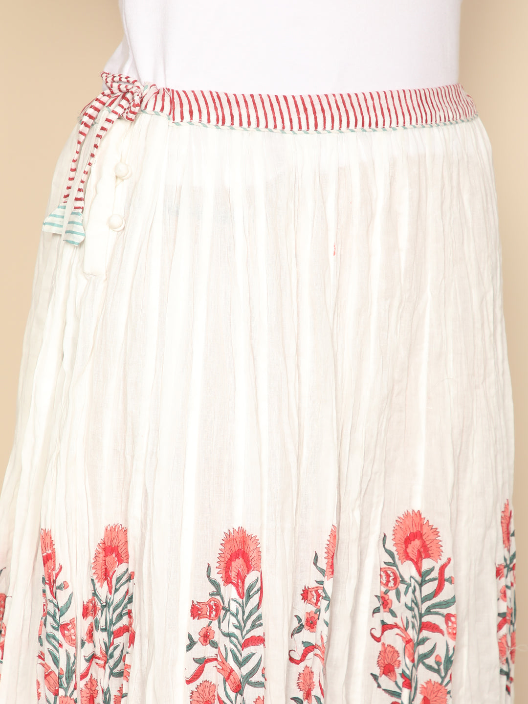 Pink & white Block printed long skirt