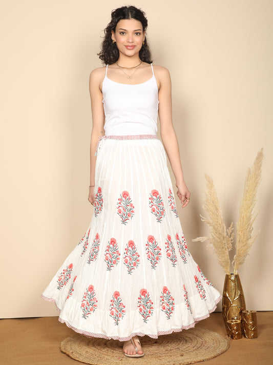 Pink & white Block printed long skirt