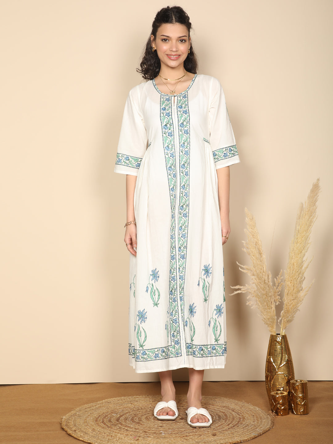 Block printed Blue & white cotton summer dress