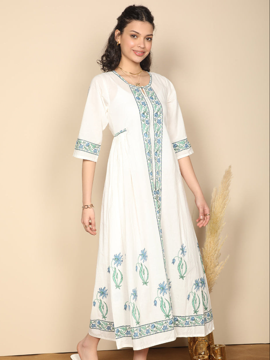 Block printed Blue & white cotton summer dress