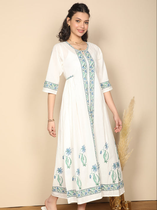 Block printed Blue & white cotton summer dress