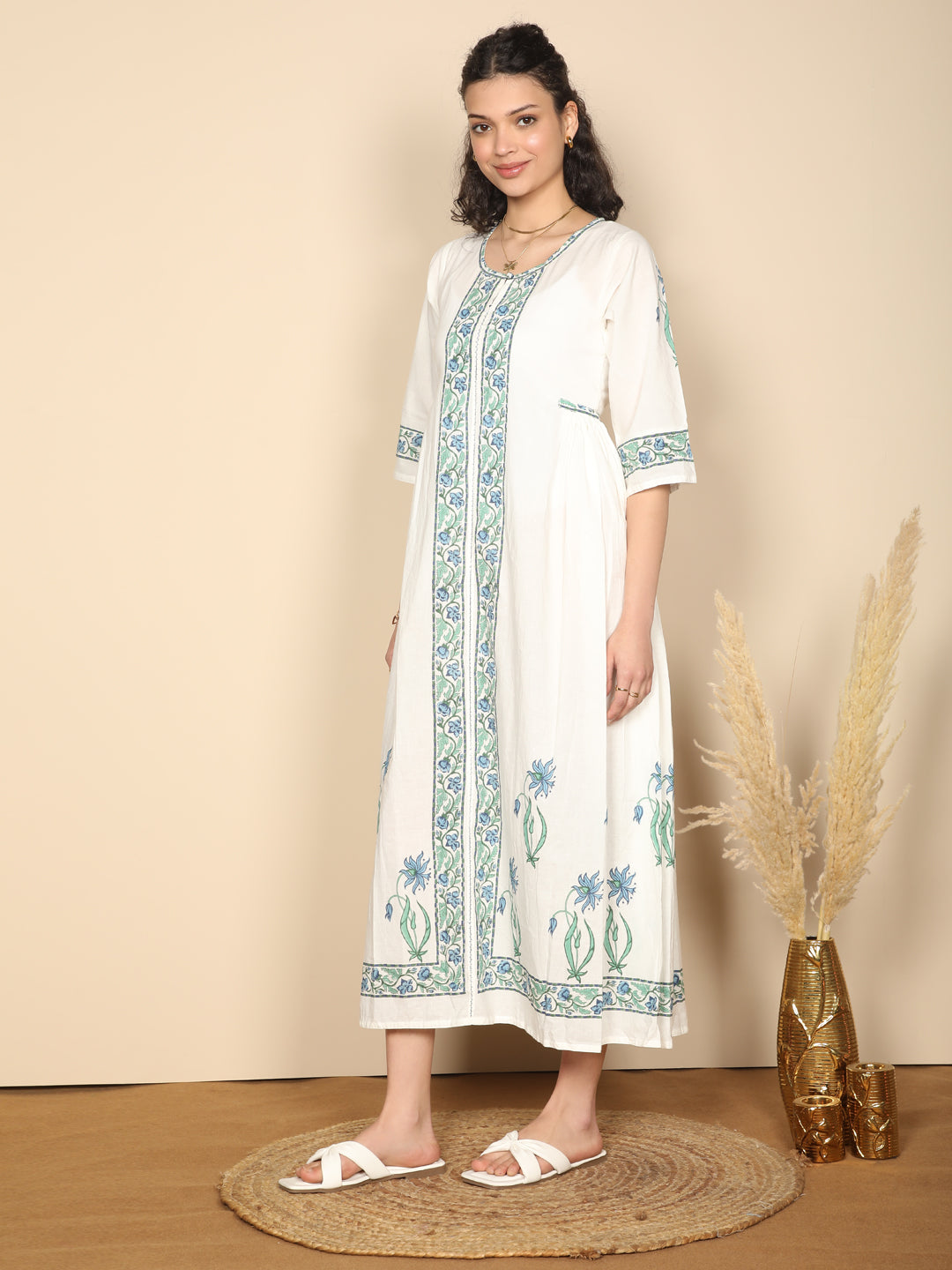 Block printed Blue & white cotton summer dress