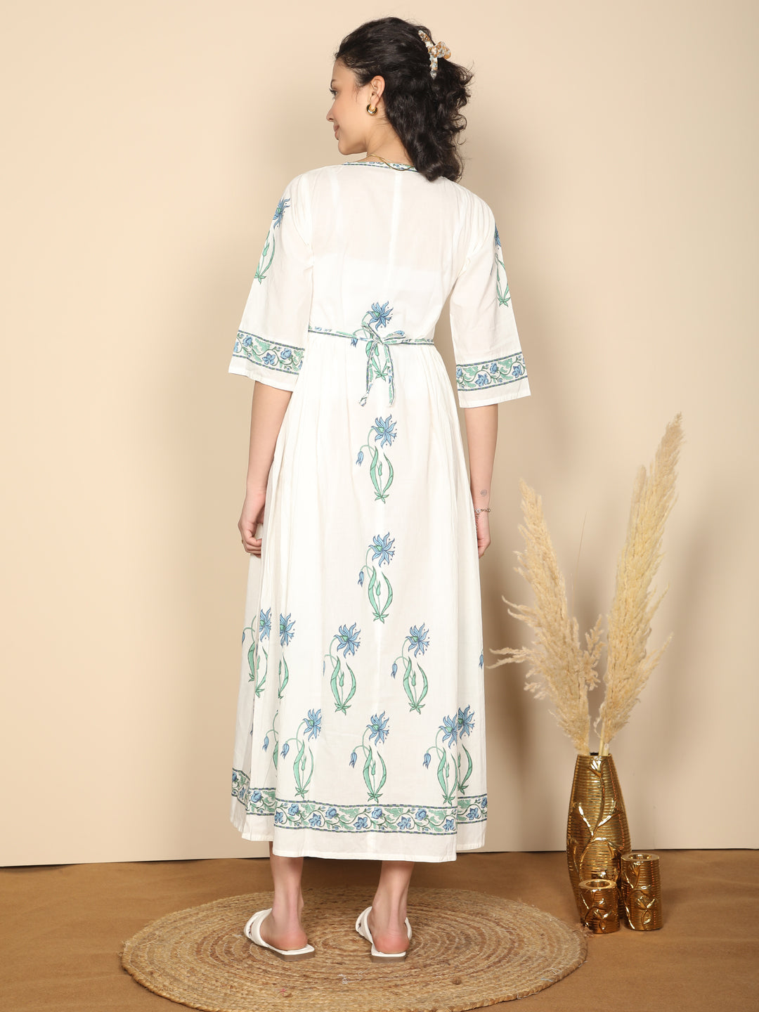 Block printed Blue & white cotton summer dress